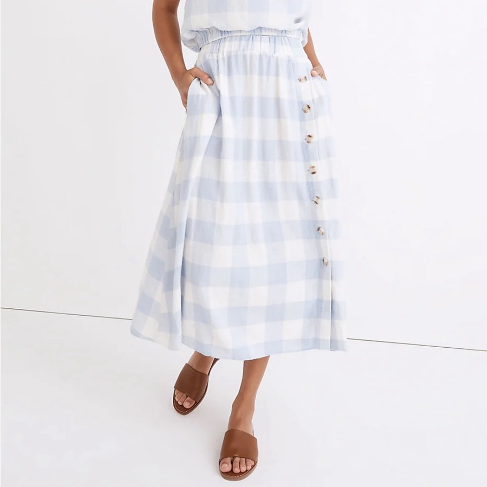 Madewell Linen-Blend Side-Button Midi Skirt in Gingham Check